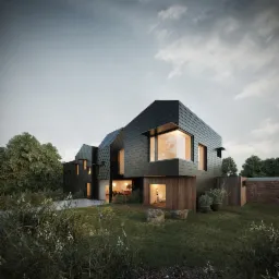 Elewacja domu z ciemnego drewna i grafitowej dachówki, widok z ogrodu z wysoką trawą, oświetlone wnętrza widoczne przez okna.