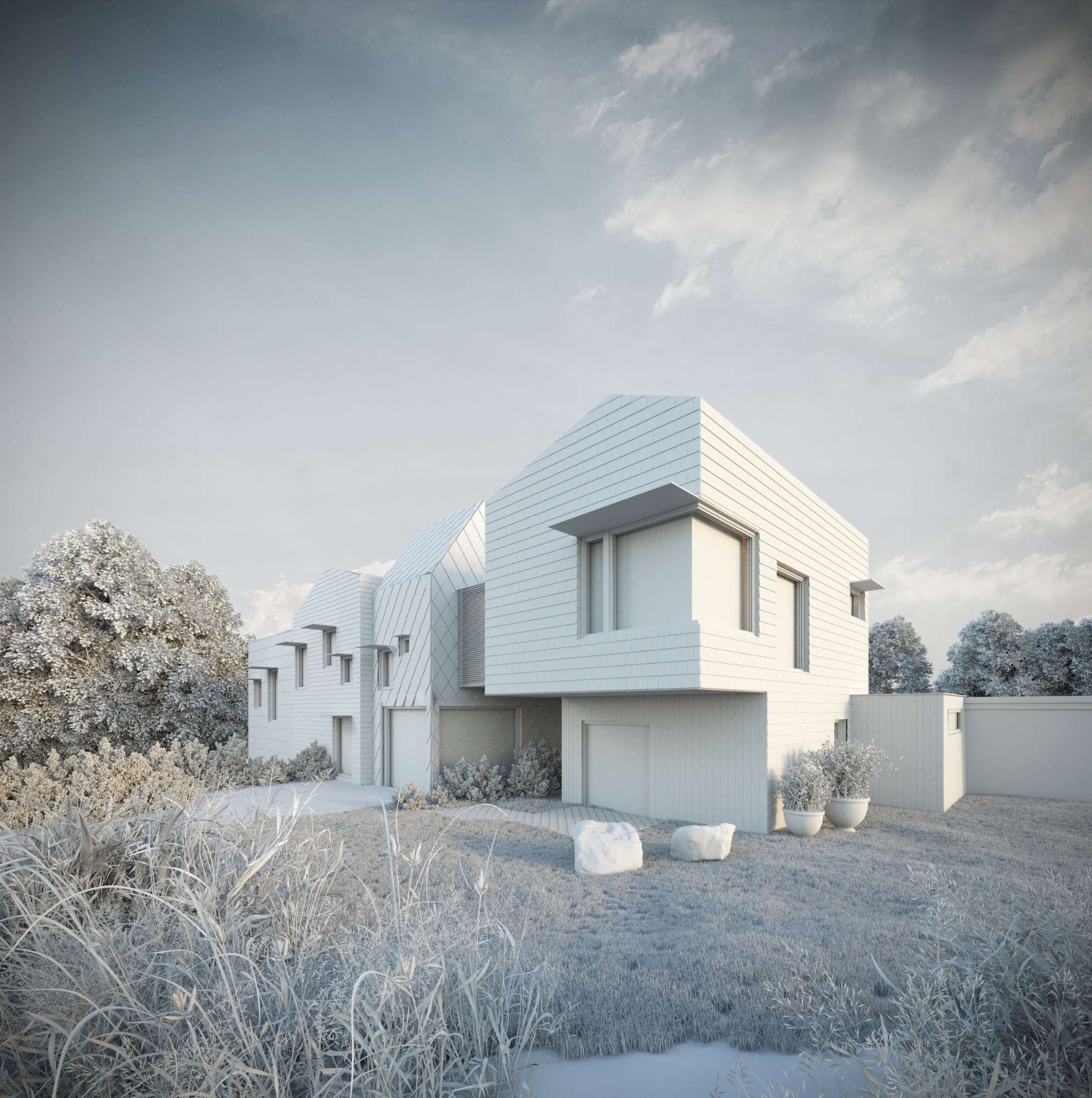 Wizualizacja 3D nowoczesnego domu jednorodzinnego z ogrodem w Suwałkach, prezentująca minimalistyczną architekturę z białymi elewacjami i dużymi oknami, otoczonego zielenią i trawami.