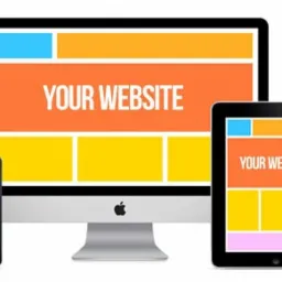 Responsywny projekt strony internetowej wyświetlany na monitorze, tablecie i smartfonie, z napisem 'YOUR WEBSITE' na pomarańczowym tle.