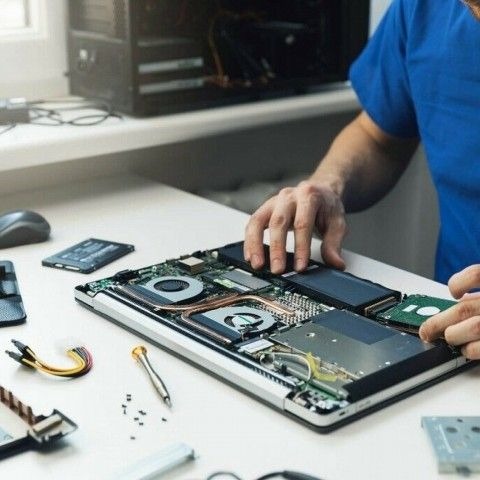 Otwarty laptop na białym stole podczas naprawy, widoczne wnętrze z wentylatorami i elektroniką, ręce technika w niebieskiej koszulce umieszczają element, obok leżą narzędzia i części.