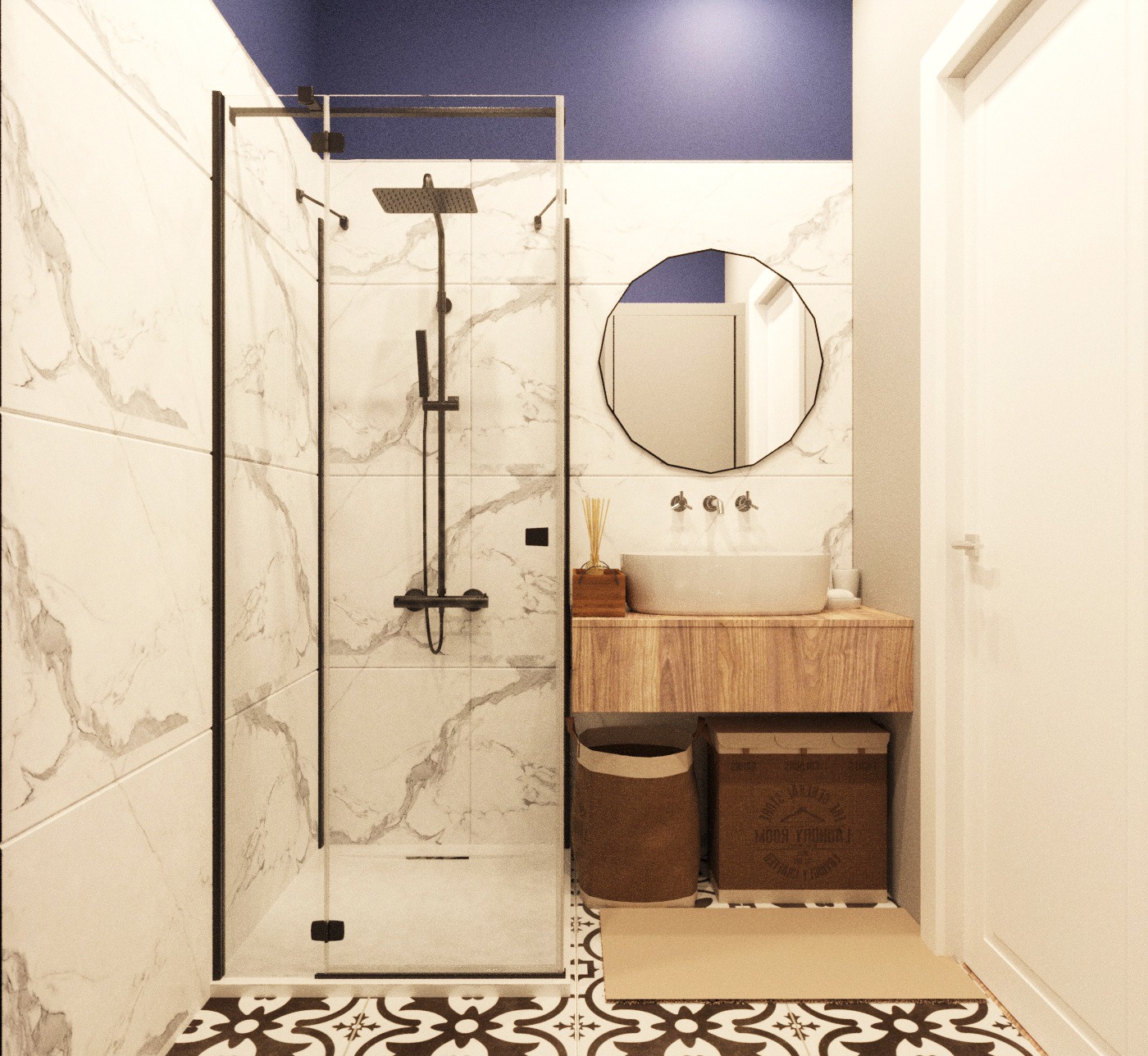 Nowoczesna łazienka z kabiną prysznicową typu walk-in, okrągłym lustrem i drewnianą szafką pod umywalką z dwoma koszami na pranie.