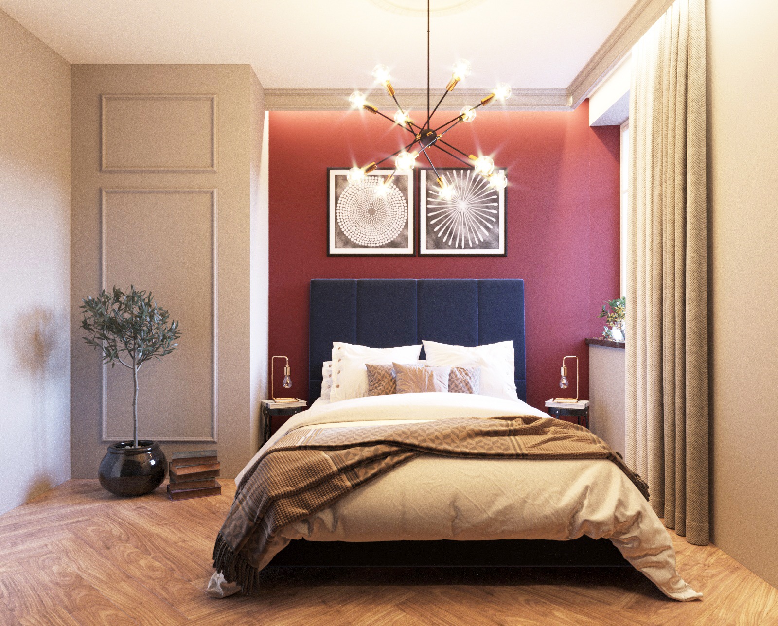 Nowoczesna sypialnia z drewnianą podłogą, ciemnoczerwonym akcentem na ścianie za łóżkiem z niebieskim zagłówkiem, ozdobnym żyrandolem i dwoma abstrakcyjnymi obrazami w czarnych ramach.