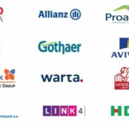 Zestaw logotypów różnych firm ubezpieczeniowych na białym tle, w tym Ergo Hestia, Allianz, Proama, AXA, Gothaer, Aviva, InterRisk, Warta, Generali, MTU, Link4 i HDI.