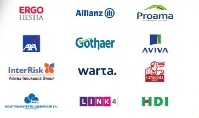 Zestaw logotypów różnych firm ubezpieczeniowych na białym tle, w tym Ergo Hestia, Allianz, Proama, AXA, Gothaer, Aviva, InterRisk, Warta, Generali, MTU, Link4 i HDI.