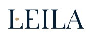 Logo firmy 'LEILA' w kolorze granatowym z okrągłą kropką w kolorze złota nad literą 'I'.
