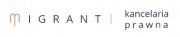 Logo kancelarii prawnej 'Migrant' z minimalistycznym symbolem graficznym w kolorze pomarańczowym i tekstem obok.