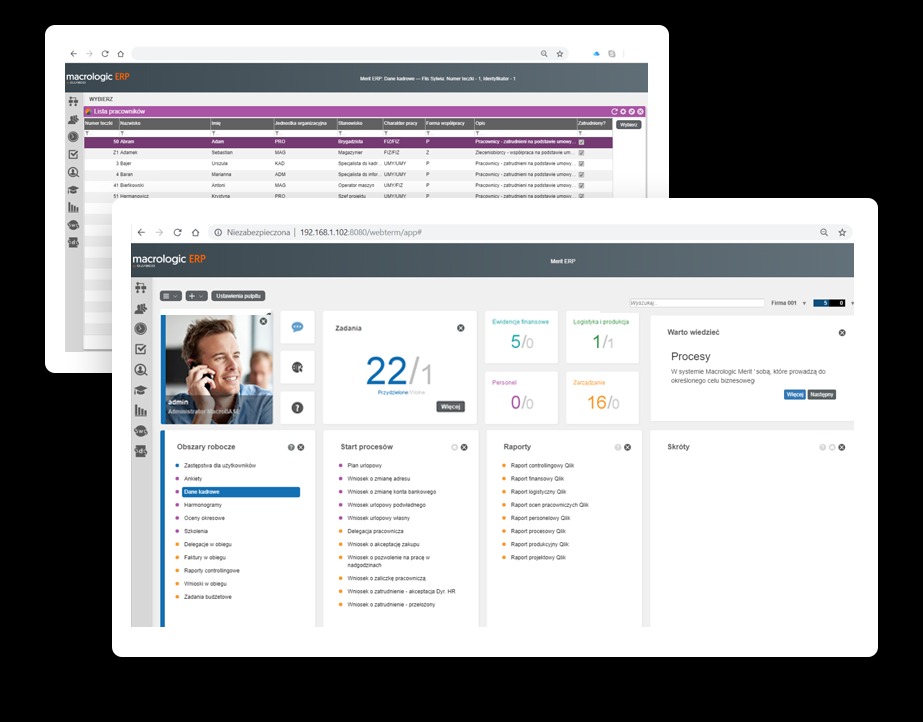 Ekran komputera prezentujący interfejs systemu ERP Macrologic Merit z widoczną listą pracowników, zadaniami, raportami i procesami. Widoczny również fragment okna przeglądarki internetowej...