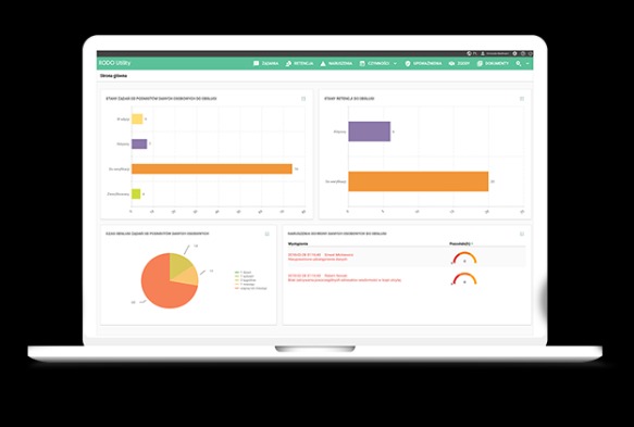 Laptop z otwartym oknem przeglądarki wyświetlającym panel analityczny z wykresami słupkowymi i kołowymi, prezentujący dane w kolorach pomarańczowym, fioletowym i zielonym, z widocznym logo 'TODO...