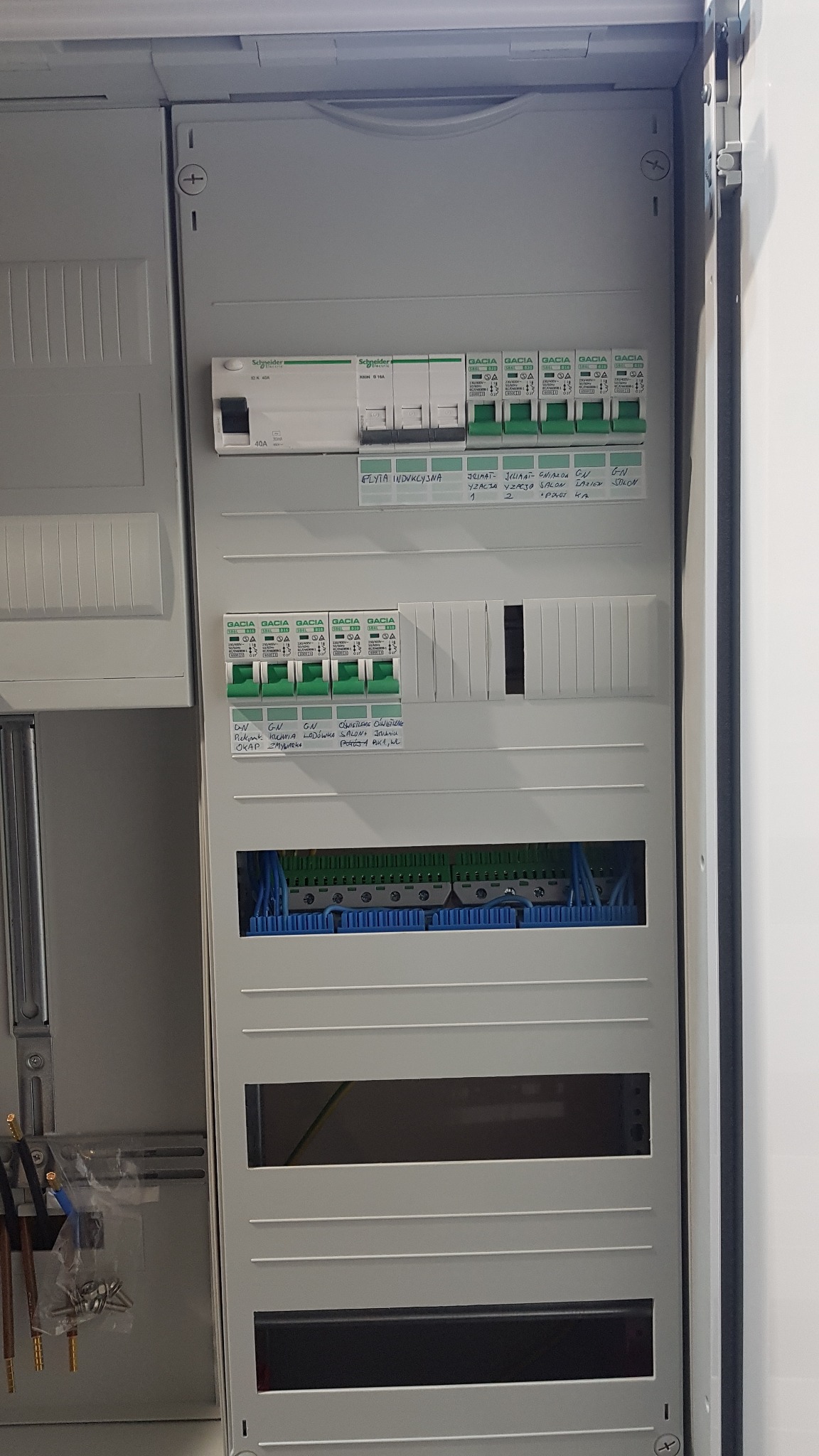 Rozdzielnica elektryczna z zainstalowanymi bezpiecznikami i opisami obwodów, widoczne przewody i listwy zaciskowe