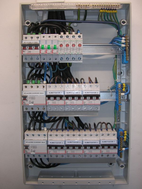 Rozdzielnica elektryczna z bezpiecznikami i okablowaniem, widoczne wyłączniki główne i ochronne 30mA oraz zabezpieczenia klimatyzatorów, zamontowana w szarej obudowie.