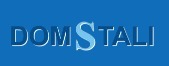 Logo firmy budowlanej DOMSTALI na niebieskim tle, z wyraźnym efektem cienia i delikatnym gradientem na literze 'S'.