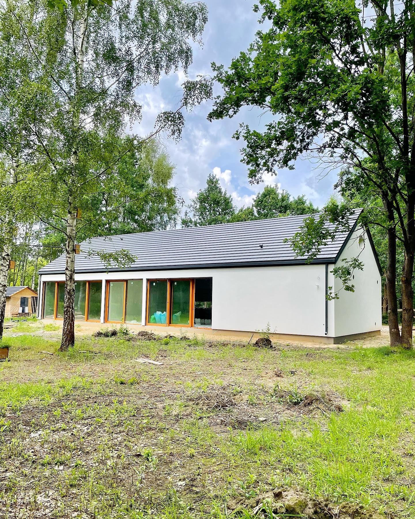 Nowoczesny, parterowy dom z białymi ścianami i dużymi oknami, otoczony drzewami, w trakcie prac wykończeniowych na zewnątrz.
