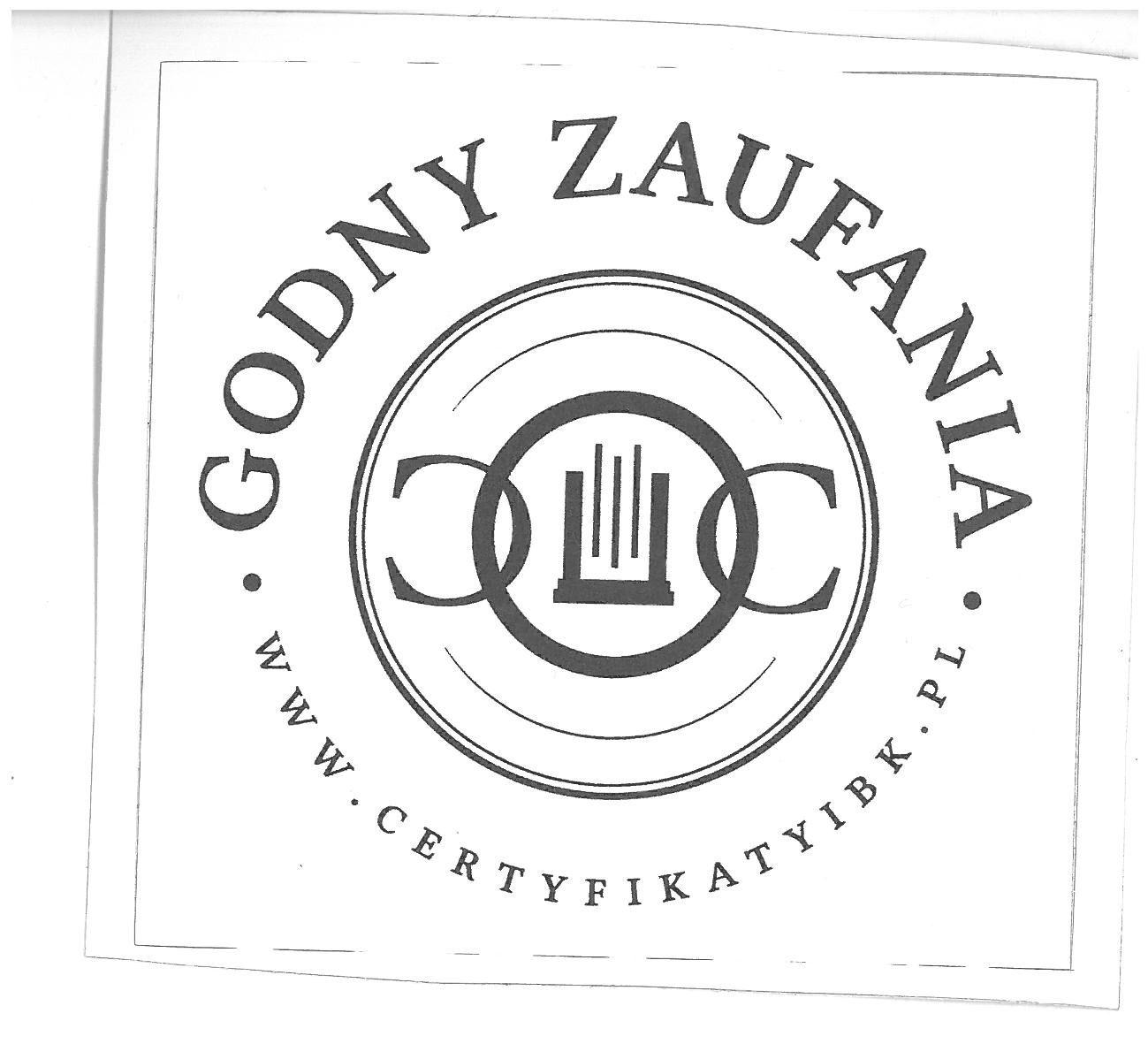 Czarno-białe logo certyfikatu 'Godny Zaufania' z symbolem kolumn i adresem strony www.certyfikatyibk.pl.