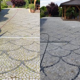 DACHY-ELEWACJE Wojciech Chomiak - Efekt mycia kostki brukowej: porównanie stanu przed i po. Po lewej kostka z mchem, po prawej czysta, ukazująca wzór. W tle altana i drzewa.