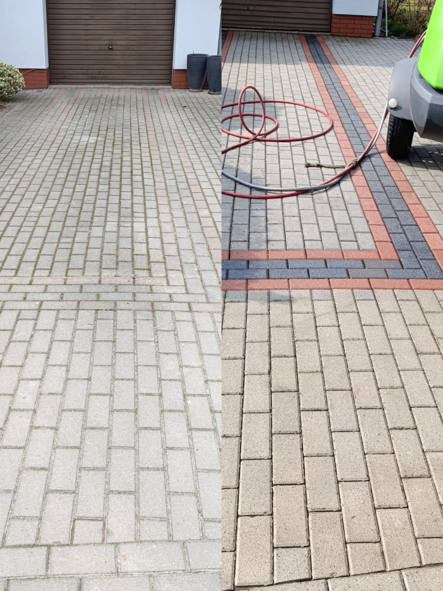 Efekt przed i po czyszczenia kostki brukowej na podjeździe. Połowa powierzchni wyczyszczona, ukazując różnicę w kolorze i usunięciu zabrudzeń. Widoczny wąż i fragment urządzenia.