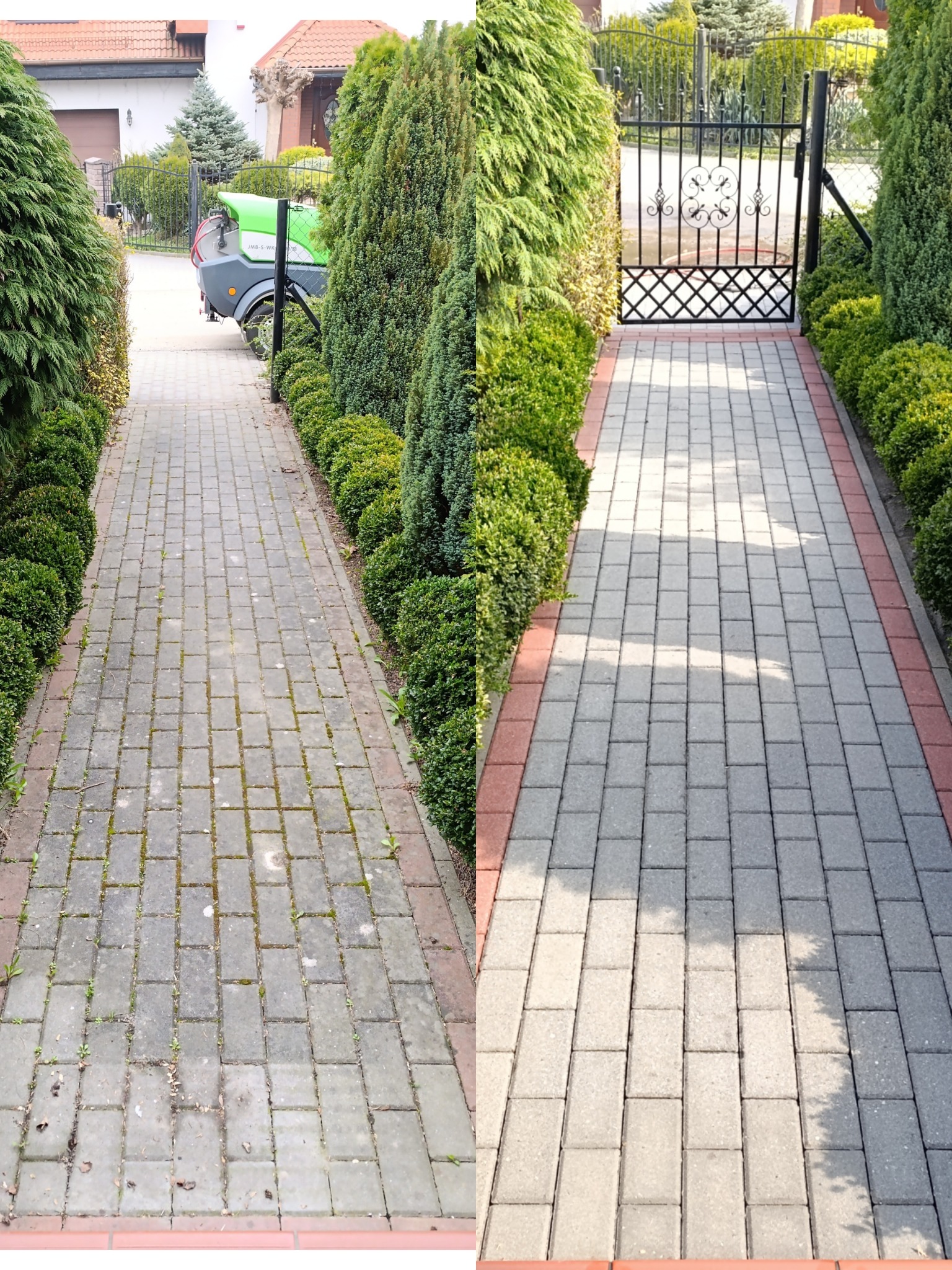 Efekt przed i po czyszczenia kostki brukowej na posesji. Po lewej stronie kostka zabrudzona, po prawej czysta, szara kostka. W tle brama i zieleń.