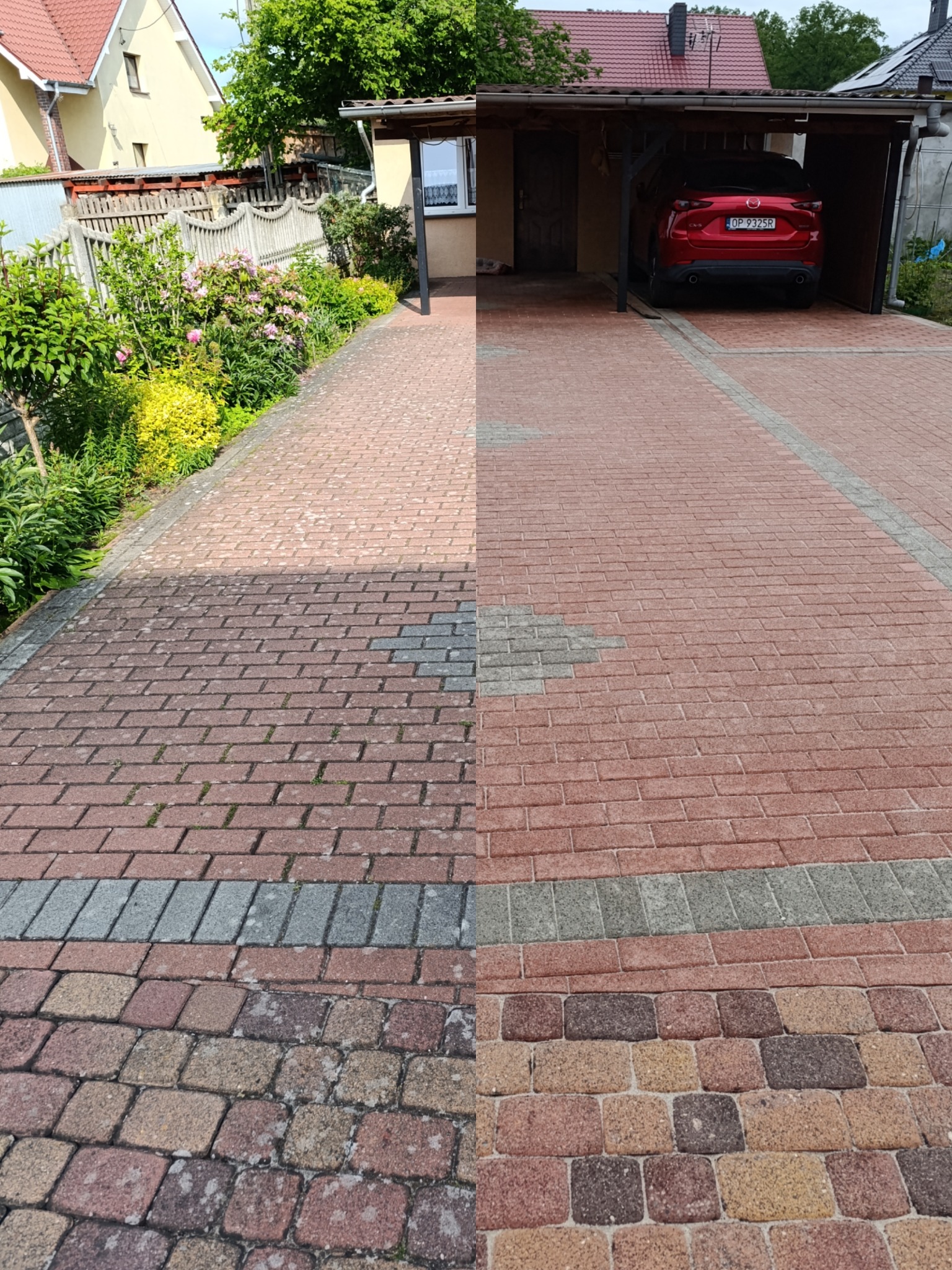 Efekt przed i po czyszczeniu kostki brukowej w Brzegu. Połowa powierzchni wyczyszczona, ukazując różnicę w kolorze i usunięciu zabrudzeń. Widoczny fragment domu i samochód.