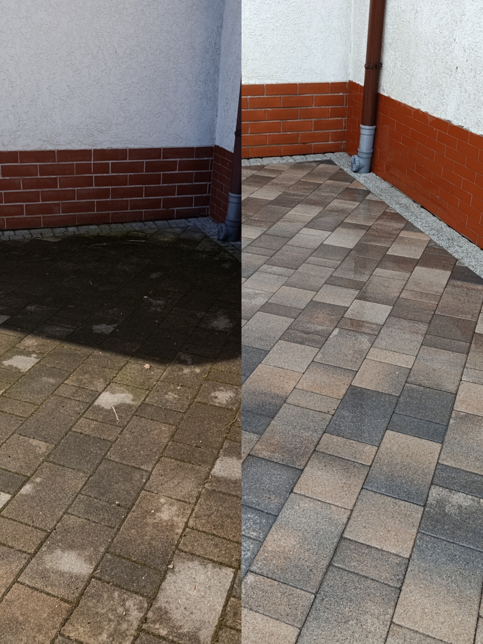 Kostka brukowa przed i po czyszczeniu, widoczne różnice w kolorze i czystości. Po lewej stronie kostka zabrudzona, po prawej czysta, z odzyskanym kolorem.