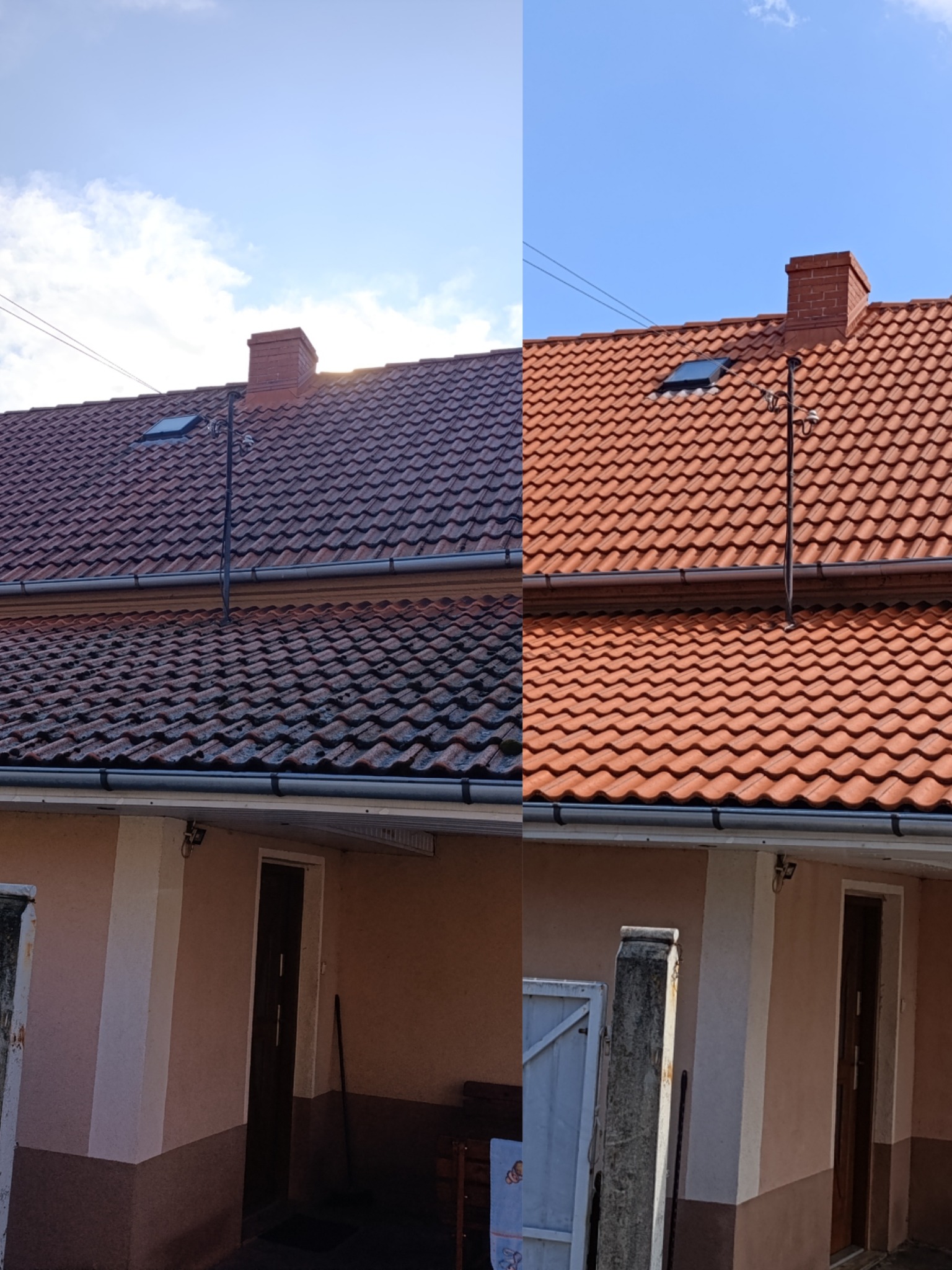 Zdjęcie dachu przed i po czyszczeniu, ukazujące różnicę w kolorze i usunięcie zabrudzeń. Dachówka w odcieniach czerwieni, komin z cegły, fragment budynku w tle.