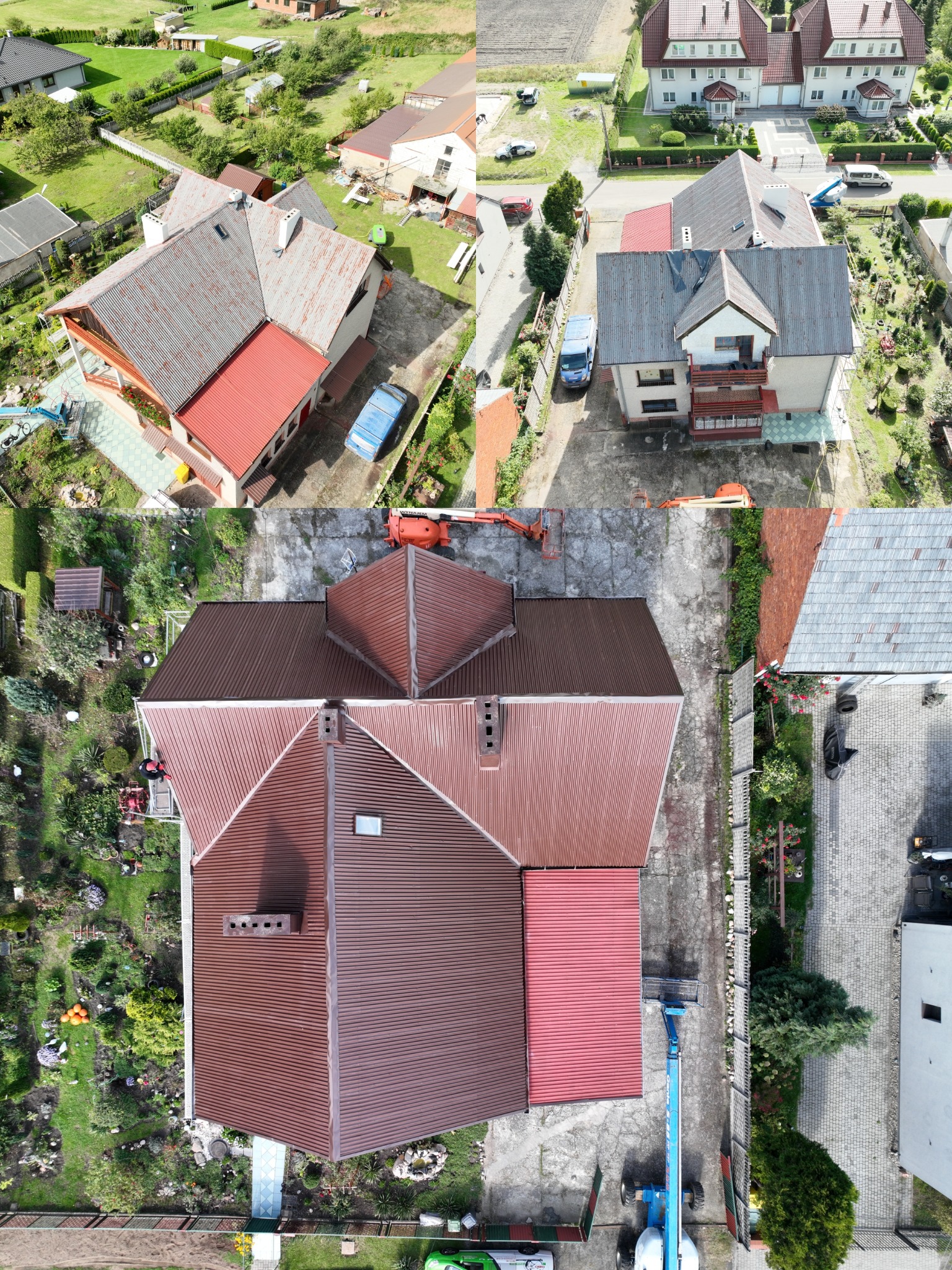 Dwa domy z lotu ptaka: jeden z nowym, brązowym dachem, drugi ze starym, szarym. Widoczny podnośnik koszowy i otoczenie budynków. Ujęcie z góry.