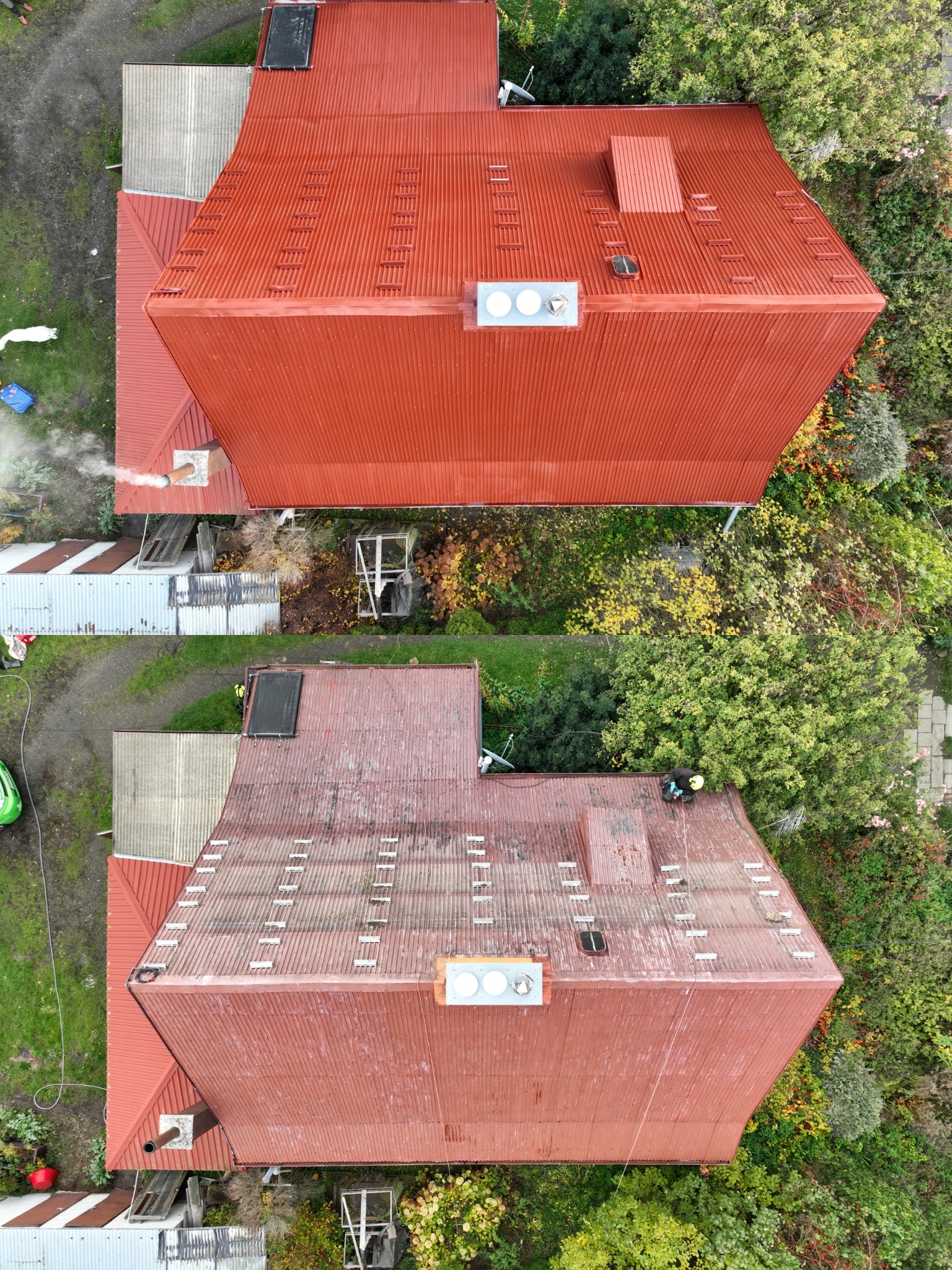 Z lotu ptaka: Dwa budynki z czerwonymi, trapezowymi dachami blachodachówkowymi, otoczone zielenią. Na jednym dachu widoczny pracownik w kasku. Widoczne kominy i elementy wentylacji.
