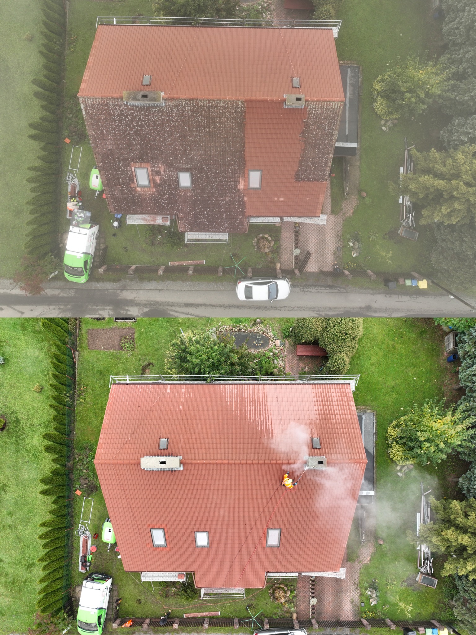 Zdjęcie z drona prezentujące dach domu przed i po czyszczeniu. Na dole dachu widać osobę w kombinezonie czyszczącą dach. Widoczny efekt czyszczenia.