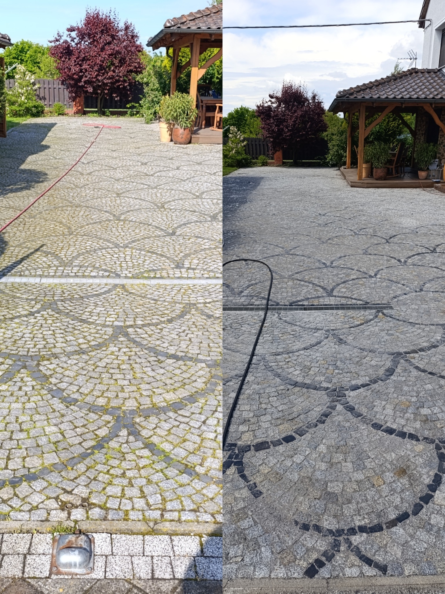 Efekt mycia kostki brukowej: porównanie stanu przed i po. Po lewej kostka z mchem, po prawej czysta, ukazująca wzór. W tle altana i drzewa.