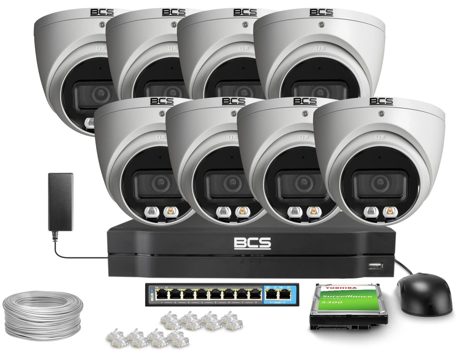Zestaw monitoringu wizyjnego 8 kamer IP z dyskiem. Pełen komplet.