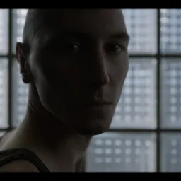 Portret mężczyzny z ogoloną głową, oświetlonego z boku, na tle ściany z luksfer&oacute;w, ujęcie w klimacie noir.