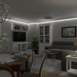 Jadalnia z salonem w stylu nowoczesnym: drewniany stół z zastawą, szary narożnik, białe meble, oświetlenie LED podsufitowe, obrazy na ścianie.