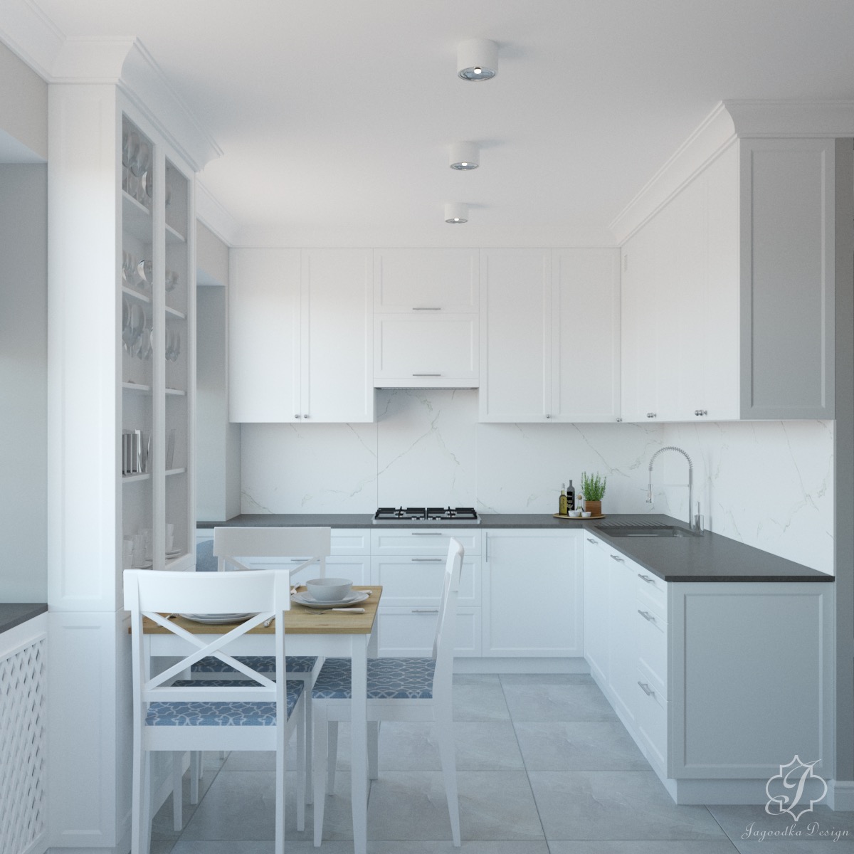 Wizualizacja jasnej kuchni z białymi meblami, szarym blatem i stołem z krzesłami z niebieskimi poduszkami, oświetlenie punktowe.