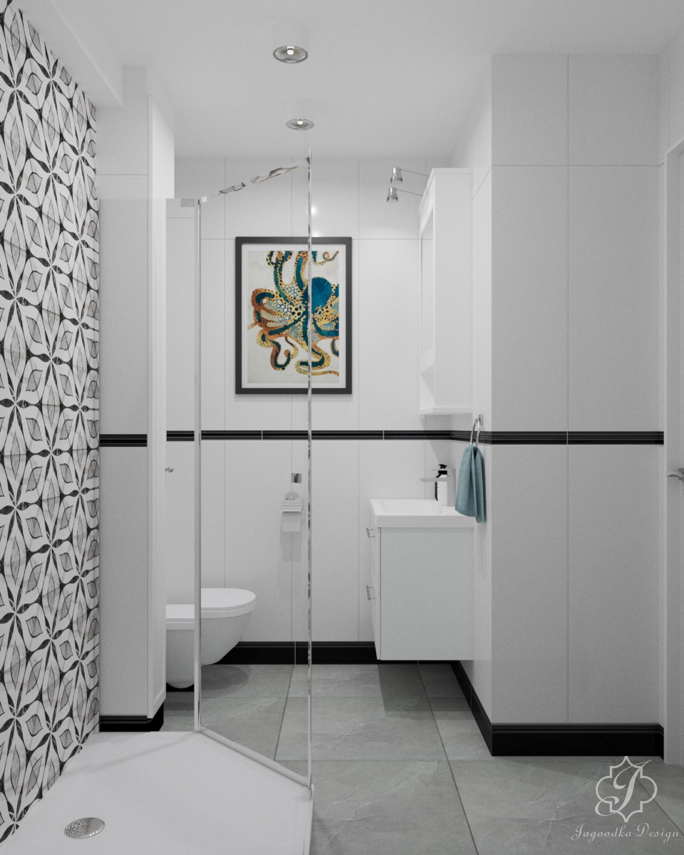 Minimalistyczna łazienka z kabiną prysznicową, białą armaturą i akcentem w postaci wzorzystej ściany oraz obrazu z motywem ośmiornicy.