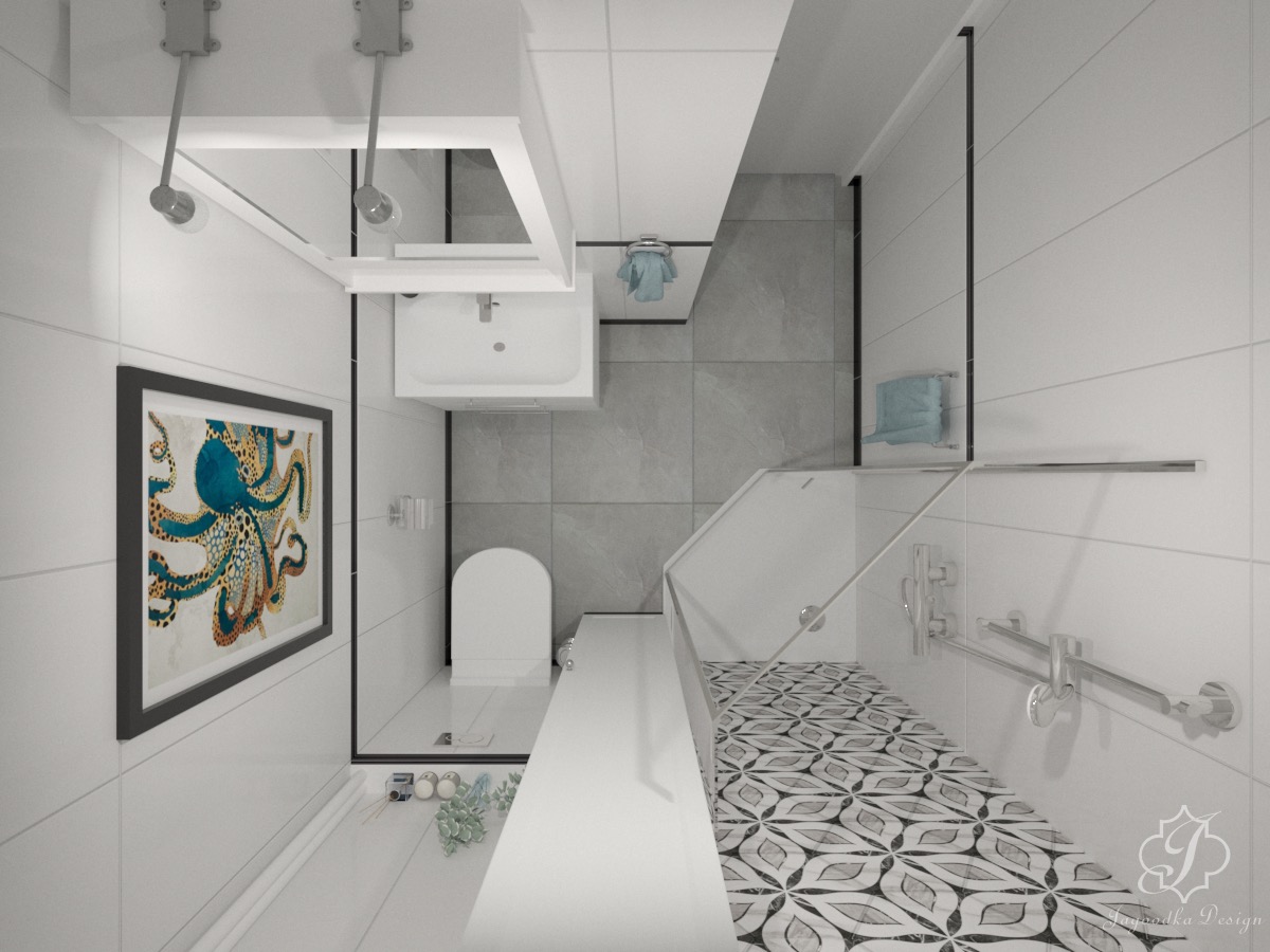 Wizualizacja małej, nowoczesnej łazienki z kabiną prysznicową bez brodzika, białą armaturą i dekoracyjnym obrazem z motywem ośmiornicy na ścianie.