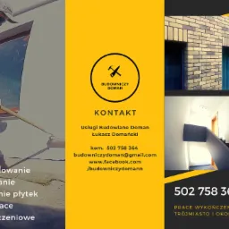 Ulotka reklamowa firmy budowlanej z Gdyni, prezentująca logo, dane kontaktowe i zakres usług: szpachlowanie,  malowanie, układanie płytek i inne prace wykończeniowe, oraz zdjęcia elewacji z cegły...