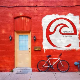 Czerwona ceglana ściana z beżowymi drzwiami, stylizowanym logo 'ratownik ekspress' i białym rowerem opartym o ścianę