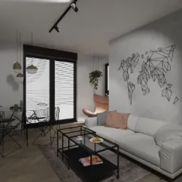 Nowoczesny salon z białym narożnikiem, geometryczną mapą świata na szarej ścianie, stolikiem kawowym z czarnymi ramami i szklanym blatem oraz jadalnią z okrągłym stołem i drucianymi krzesłami...