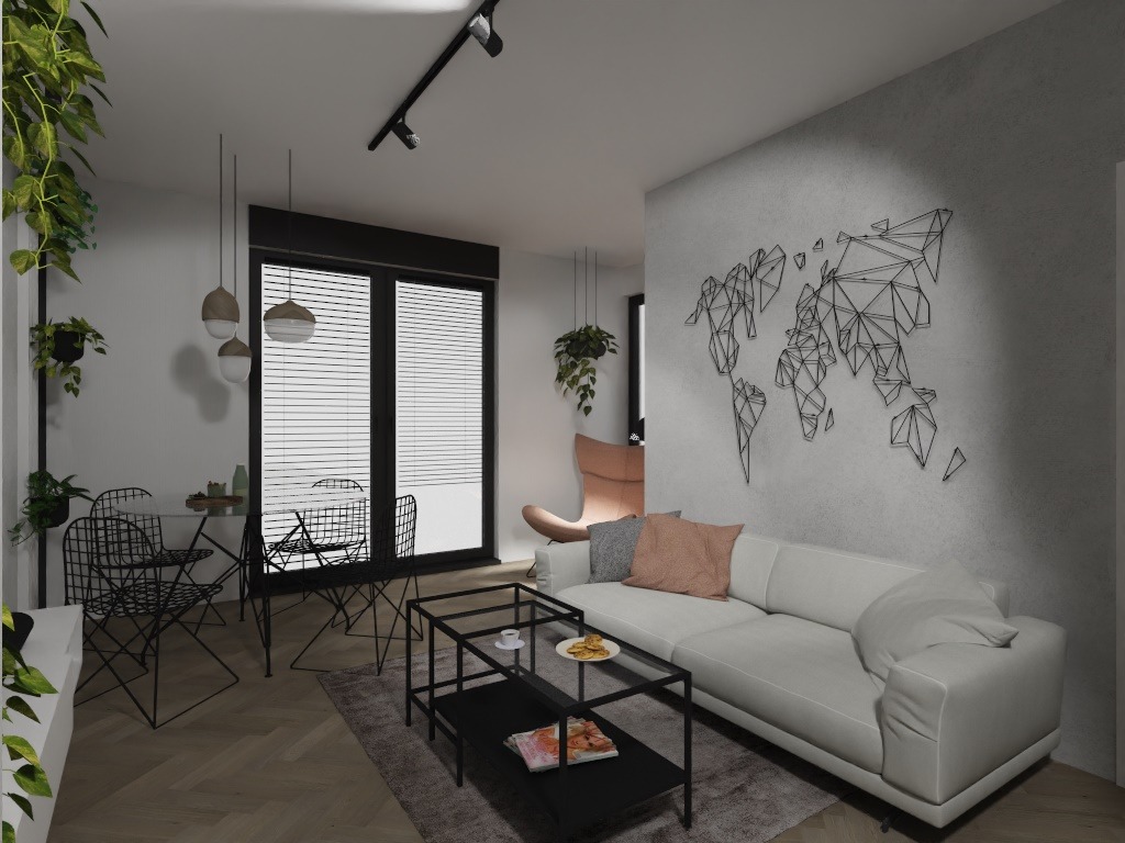 Nowoczesny salon z białym narożnikiem, geometryczną mapą świata na szarej ścianie, stolikiem kawowym z czarnymi ramami i szklanym blatem oraz jadalnią z okrągłym stołem i drucianymi krzesłami...