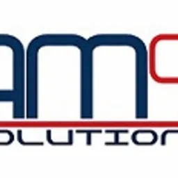 Logo firmy AMS SOLUTIONS z napisem w kolorze granatowym i czerwonym, stylizowane litery AMS oraz napis SOLUTIONS pod spodem.