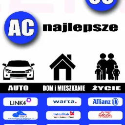 Plakat reklamowy z ofertą ubezpieczeń OC/AC, auto, dom i mieszkanie, życie, z logo różnych firm ubezpieczeniowych oraz numerem telefonu do biura w Nysie.