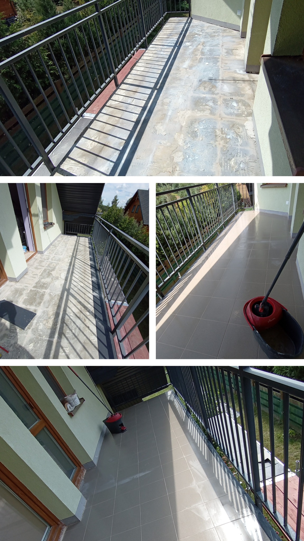 Balkon po położeniu płytek, widoczny mop i wiadro, czyszczenie po remoncie.