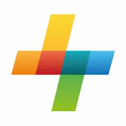 Kolorowy znak plus, składający się z nakładających się prostokątów: żółtego, pomarańczowego, czerwonego, zielonego i niebieskiego, na białym tle.