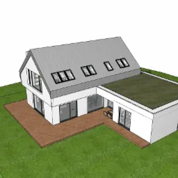 Wizualizacja 3D nowoczesnego domu jednorodzinnego z płaskim dachem pokrytym zielenią, drewnianym tarasem i szarym dachem dwuspadowym z oknami dachowymi.