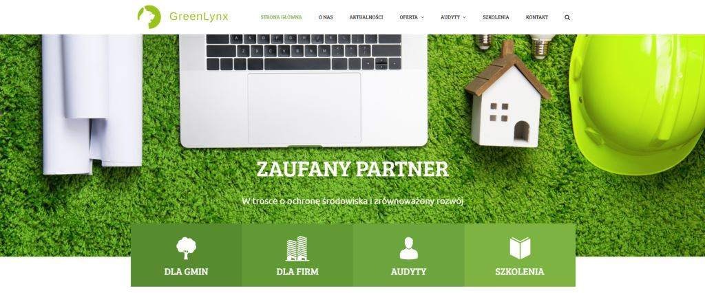 Elementy związane z ekologią i budownictwem na tle zielonej trawy: zwinięte plany, laptop, model domu, żarówki i kask ochronny.