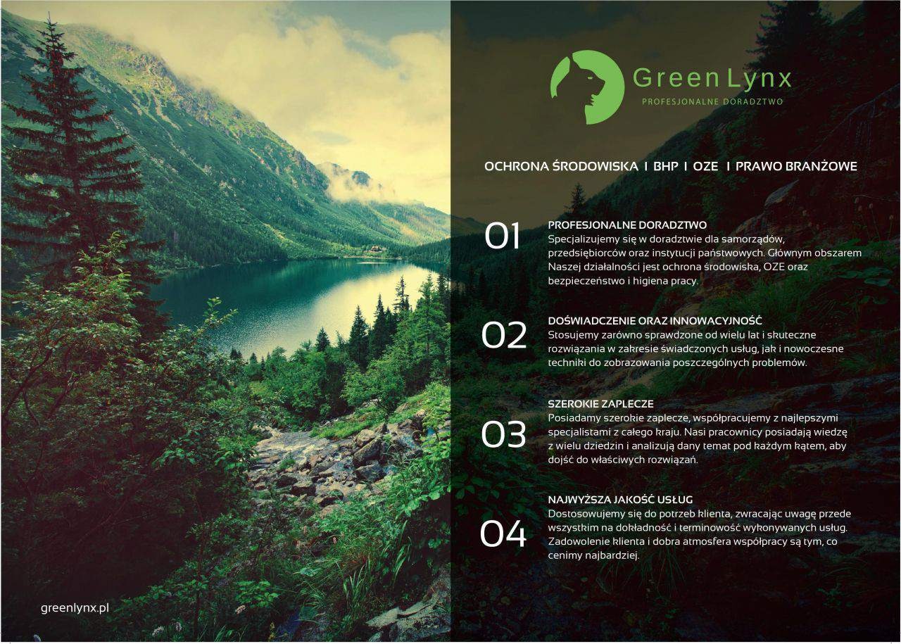 Grafika reklamowa firmy Green Lynx z widokiem na górskie jezioro i las, promująca profesjonalne doradztwo w zakresie ochrony środowiska, BHP, OZE i prawa branżowego.