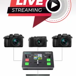 Grafika prezentująca ofertę live streamingu z wykorzystaniem trzech aparatów Lumix, miksera wideo Feelworld Livepro L1 i laptopa.