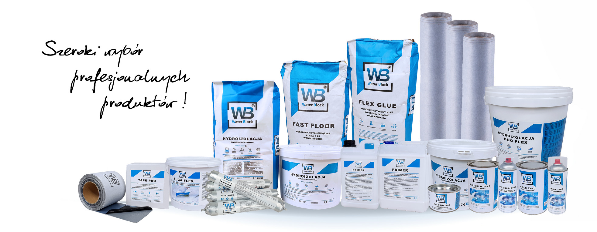 Zestaw produktów budowlanych marki Water Block: hydroizolacje, kleje, grunty, taśmy uszczelniające i farby cynkowe w opakowaniach różnej wielkości, na białym tle.