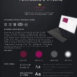 Projekt formularza wyceny kruszców dla firmy Sezam Gold, prezentujący wykorzystane technologie HTML, CSS, JavaScript, PHP i JSON, z przykładami kolorów i czcionek Playfair Display oraz Helvetica LT...
