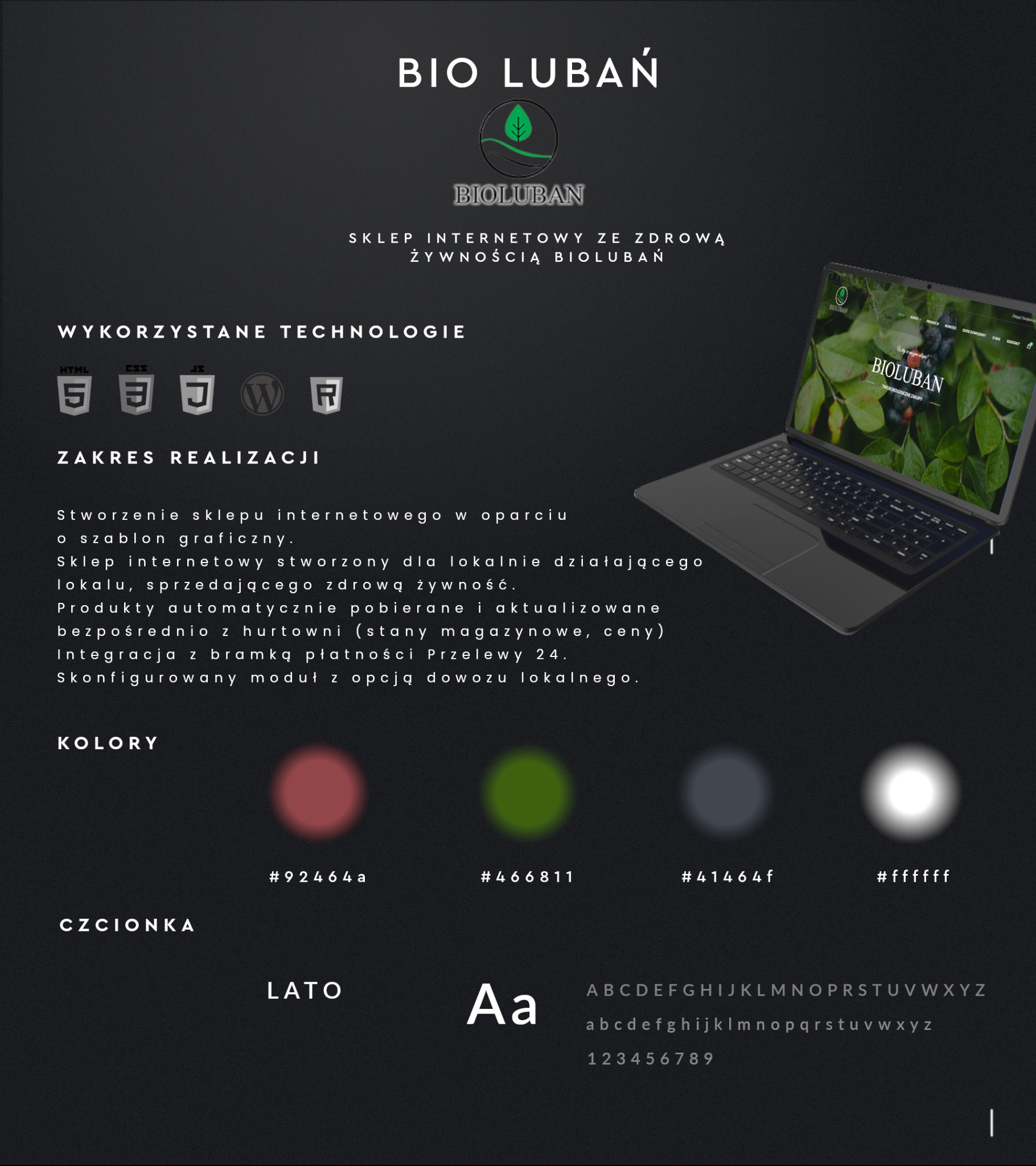 Prezentacja projektu sklepu internetowego ze zdrową żywnością Bioluban, widoczna na ekranie laptopa, z wyszczególnionymi technologiami, zakresem realizacji, paletą kolorów i użytą czcionką.