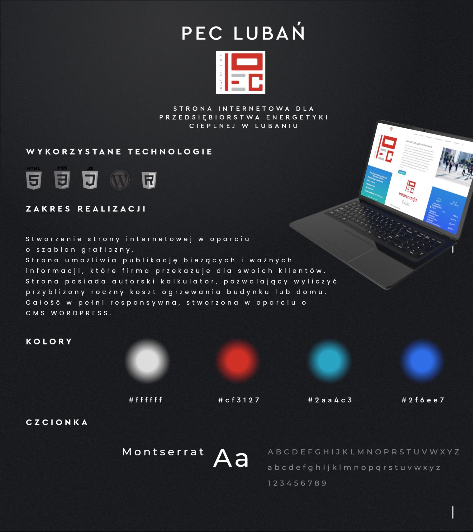 Prezentacja projektu strony internetowej dla PEC Lubań na laptopie, z widocznymi kolorami, czcionką Montserrat i wykorzystanymi technologiami HTML, CSS, JS, WordPress.