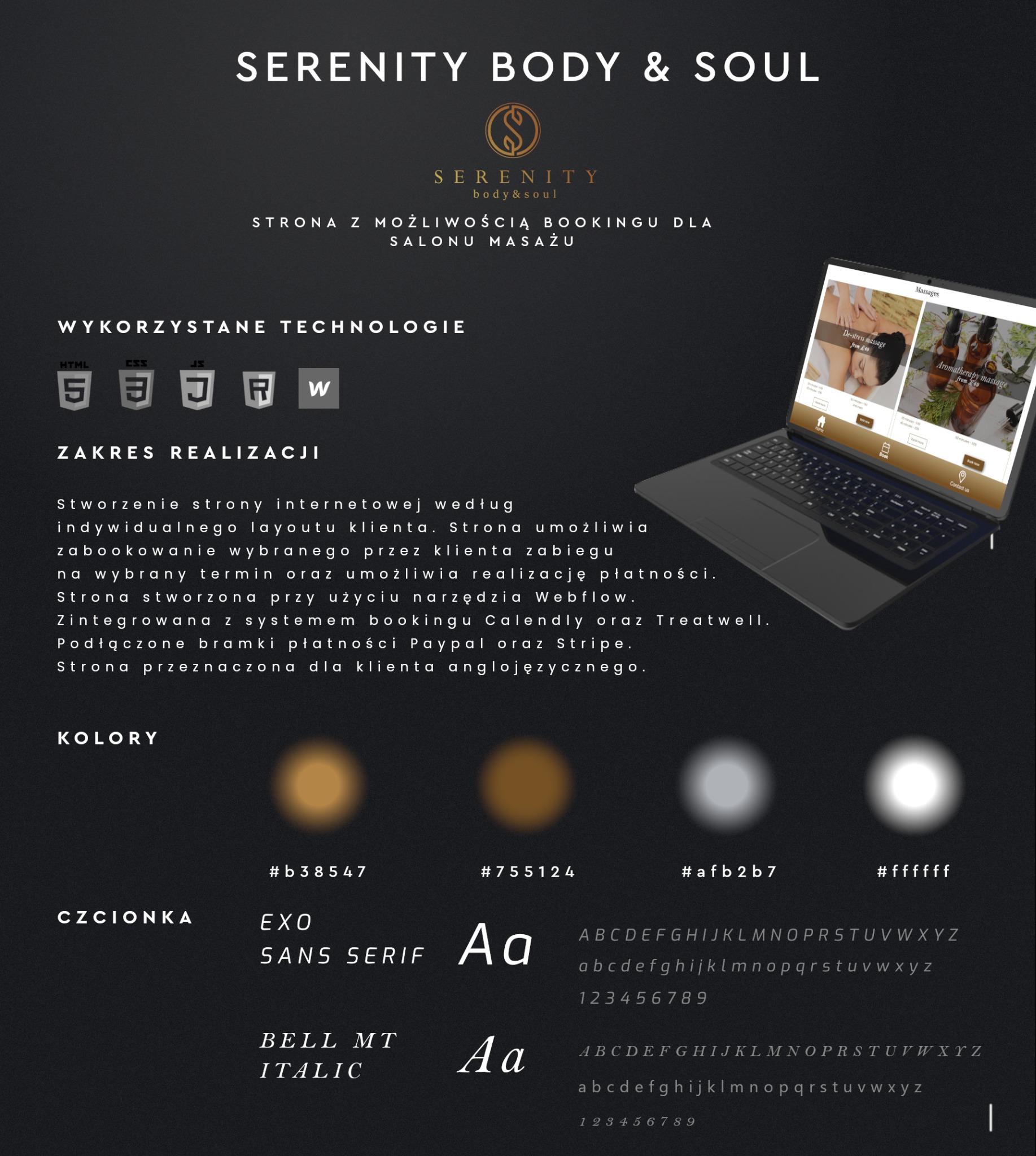 Grafika prezentująca projekt strony internetowej salonu masażu Serenity Body & Soul, z uwzględnieniem logo, kolorystyki, typografii, wykorzystanych technologii (HTML, CSS, JS, React, Webflow)...
